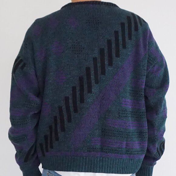 VTG 80s Le Tigre Made in USA Geometric Knit Sweater — Teal Purple Black — Size L - Picture 2 of 10